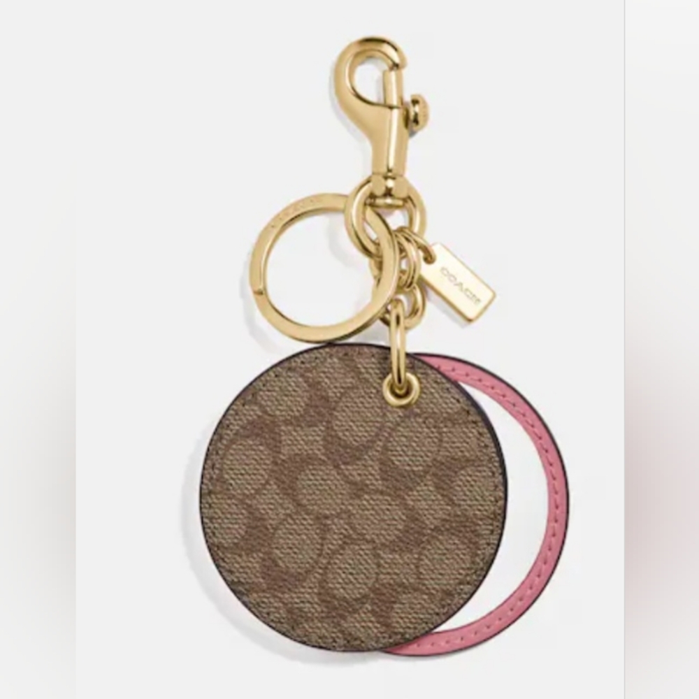 NWT Coach Signature Canvas Gold Khaki Pink Mirror Bag Charm Keychain Fob